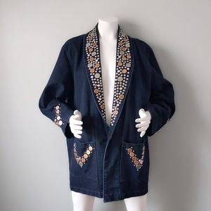 Vtg Handmade Studded Coin Black Denim Jacket S M L
